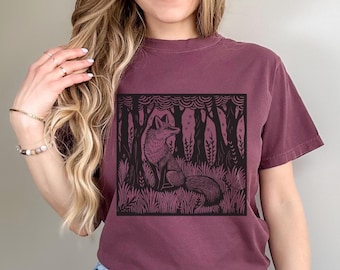 Folklore Forest Fox Shirt • Linocut Art Tee • Vintage Forestcore Comfort Colors T‑Shirt