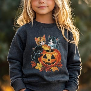 vintage 90s youth Halloween sweatshirt, retro youth kittens pumpkin sweatshirt, cute youth Halloween sweatshirt, kids pumpkin season