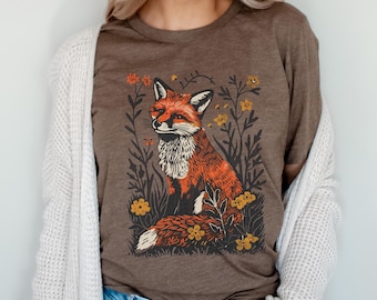 Folklore Floral Fox T‑Shirt • Cottagecore Woodland Animal Tee • Fairycore Forestcore Shirt