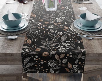 dark floral table runner, moody botanical decor, fall autumn cottagecore centerpiece
