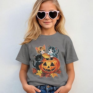 vintage 90s Halloween youth t-shirt, youth kittens pumpkin t-shirt, kids retro Halloween t-shirt, kids vintage 90s kittens t-shirt