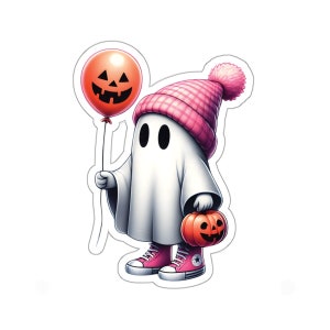 Halloween ghost sticker, trick-or-treat Halloween sticker, cute ghost sticker, cute ghost holding balloon sticker, spooky season sticker