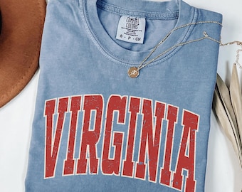 Distressed Retro Varsity Virginia Shirt • Comfort Colors Tee, Long Sleeve & Lightweight Sweatshirt • Vintage Virginia Graphic Tee