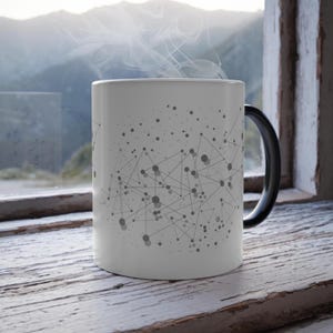 May include: White ceramic coffee mug with a black handle, featuring a gray dot and line design. Steam rises from the mug, suggesting a hot beverage. The mug sits on a wooden surface near a window with a mountain view.