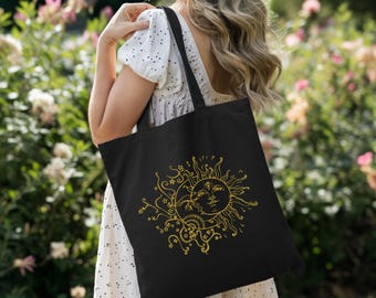 boho sun and moon tote bag, golden sun and moon tote bag, celestial tote bag, mystical sun and moon tote bag