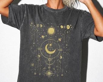 celestial moon and stars t-shirt, Comfort Colors cosmic tee, mystical golden moon shirt, space aesthetic graphic tee