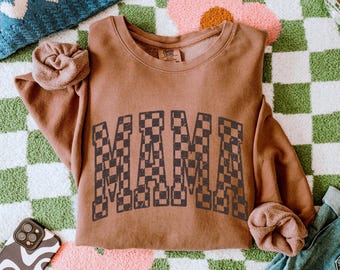 retro checkered mama sweatshirt, Comfort Colors mama sweatshirt, retro mama sweatshirt, varsity mama sweatshirt, mom sweatshirt, mom gift