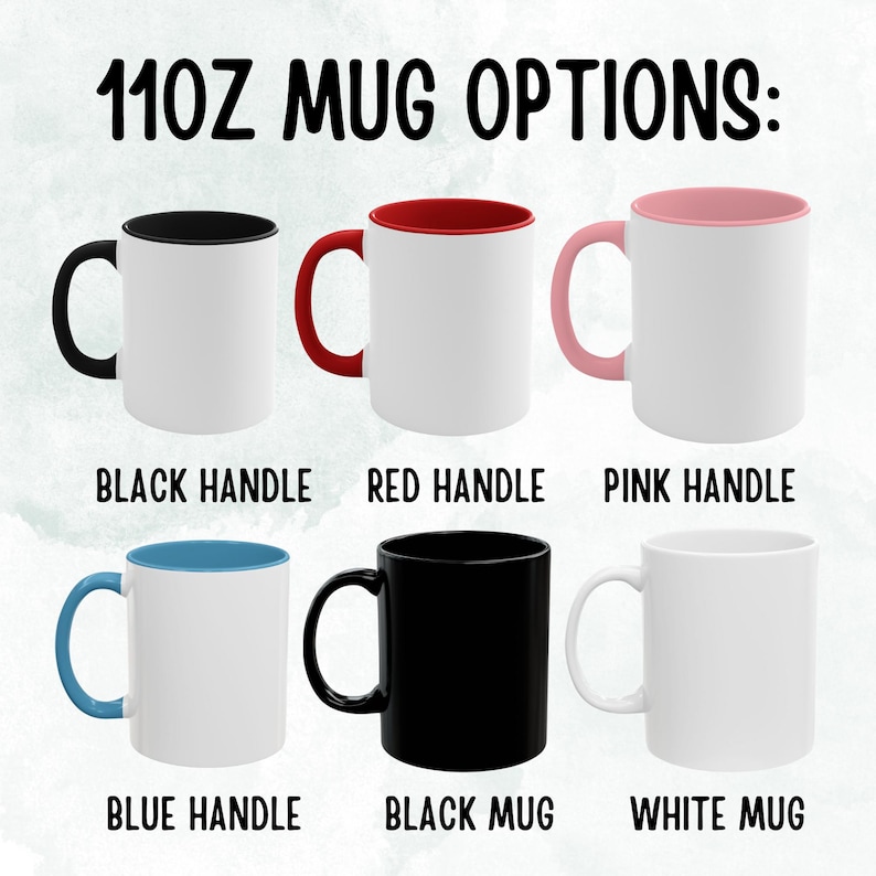 Op de afbeelding: Zes 11-ounce mokken met verschillende handvat- en mok kleuren. De mokken zijn wit met een gekleurde rand en handvat. De kleuren zijn zwart, rood, roze, blauw, zwart en wit.
