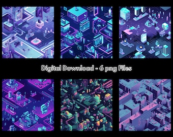 6 Futuristic Seamless Patterns - 32-bit Isometrics - Commercial Use - Digital Files