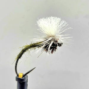 Puede incluir: Un señuelo de pesca con mosca blanco y verde con una cola de plumas blancas y un cuerpo verde.