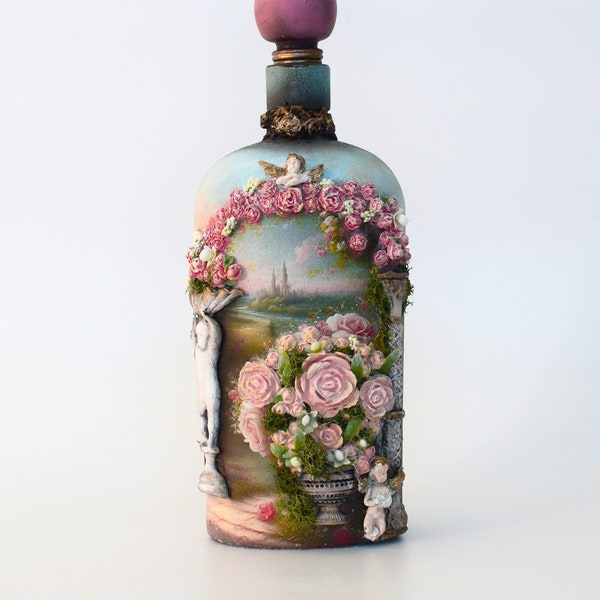 Decorated glass bottle art with clay, Art home decor