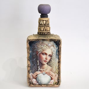 Decorated glass bottle with a portrait of a beautiful girl , Art home decor