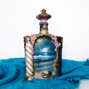 Bouteille décorée, décoration artistique pour la maison, bouteille peinte à la main, peinture de mer