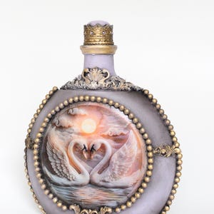 Decorated glass bottle Pair of swans, Art home decor