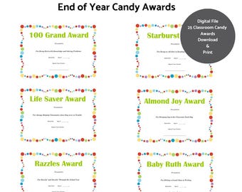 End of Year Printable Classroom Candy Awards, Printable, Student Gifts
