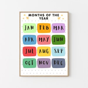 Maanden van het jaar-poster | Kleurrijke kalender voor kinderen | Digitale download | Afdrukbare muurkunst kleuterschool en klas