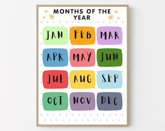 Months of the Year Poster | Colorful Calendar Chart for Kids | Digital Download | Preschool & Classroom Wall Art Printable