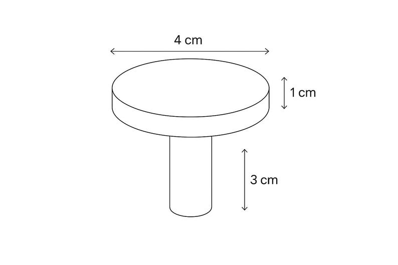 Puede incluir: Ilustraci&oacute;n lineal de un peque&ntilde;o pomo redondo. La parte superior circular mide 4 cm de di&aacute;metro y 1 cm de grosor, con un v&aacute;stago cil&iacute;ndrico de 3 cm de largo. Dise&ntilde;o minimalista, adecuado para diversas aplicaciones.