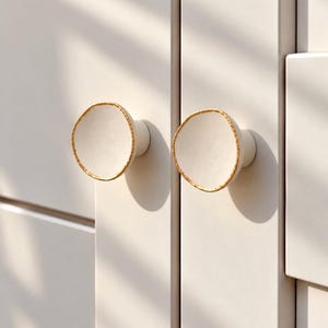 May include: Two circular cabinet knobs with a matte off-white concave center and a textured gold-toned rim. Each knob is mounted on a cylindrical base and attached to a light-colored cabinet door, featuring a smooth finish and a simple design.