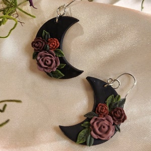 Black floral moon | polymer clay earrings | alternative style | roses | hypoallergenic | lightweight | unique jewelry