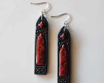 Gothic Cathedral Window Earrings: Red Glitter Polymer Clay, Hypoallergenic