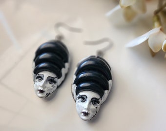 Hand painted monster bride polymer clay earrings | statement jewelry | handmade | Halloween | Dark aesthetic | Goth | hypoallergenic