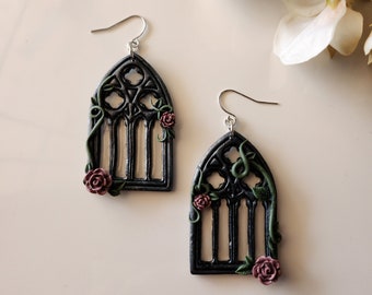 Floral Gothic Cathedral Window Earrings: Handmade Polymer Clay Rose Jewelry