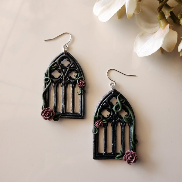 Floral gothic window polymer clay earrings | handmade | alternative | earrings | Gifts for her | goth style | cathedral window | roses