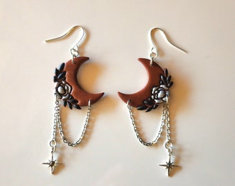 Floral moon | Dangle earrings | Handmade polymer clay jewelry | Goth style | Alternative style | Dark aesthetic | Burgundy | Hypoallergenic