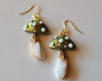 Handmade Polymer Clay Mushroom Earrings: Green Gold Cottagecore Dangles