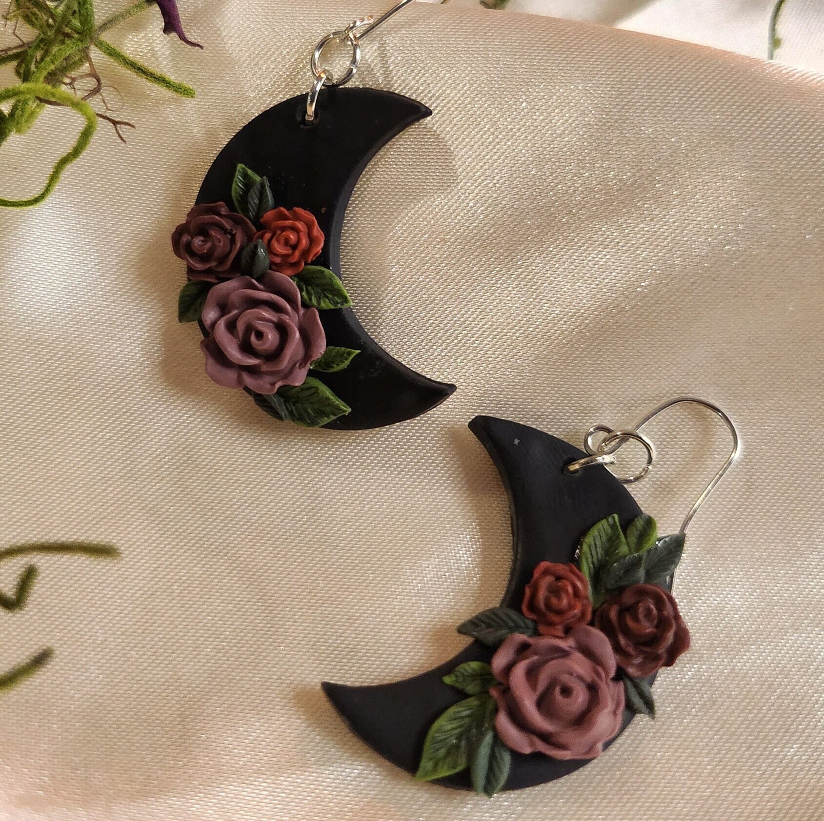Black floral moon | polymer clay earrings | alternative style | roses | hypoallergenic | lightweight | unique jewelry
