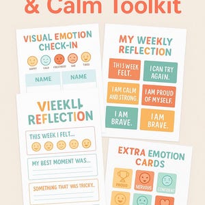 Könnte beinhalten: Ein Satz von vier druckbaren Arbeitsblättern zur emotionalen Unterstützung, mit visuellen Emotions-Check-ins, wöchentlichen Reflexionen und zusätzlichen Emotionskarten. Die Arbeitsblätter verwenden ein teal- und orangefarbenes Farbschema.