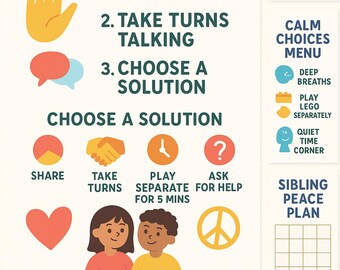 Op de afbeelding: Een kleurrijke infographic getiteld "Broer en Zus Vredesplan" met stappen om conflicten op te lossen. Het bevat illustraties van een hand, spraakbellen en pictogrammen voor delen, om de beurt praten en om hulp vragen. Het plan heeft ook een rustig keuzemenu.