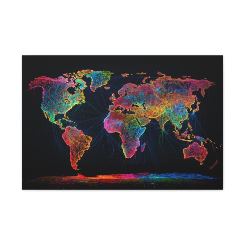 Neon World Map Wall Art - Vibrant Colors on Black Background - Premium ...