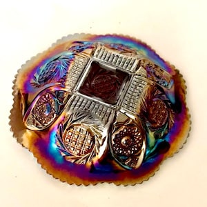 Plato con tapa para mantequilla de vidrio de carnaval con amatista iridiscente SGC de LE Smith de 1968, patrón de rayos de sol aztecas, regalo
