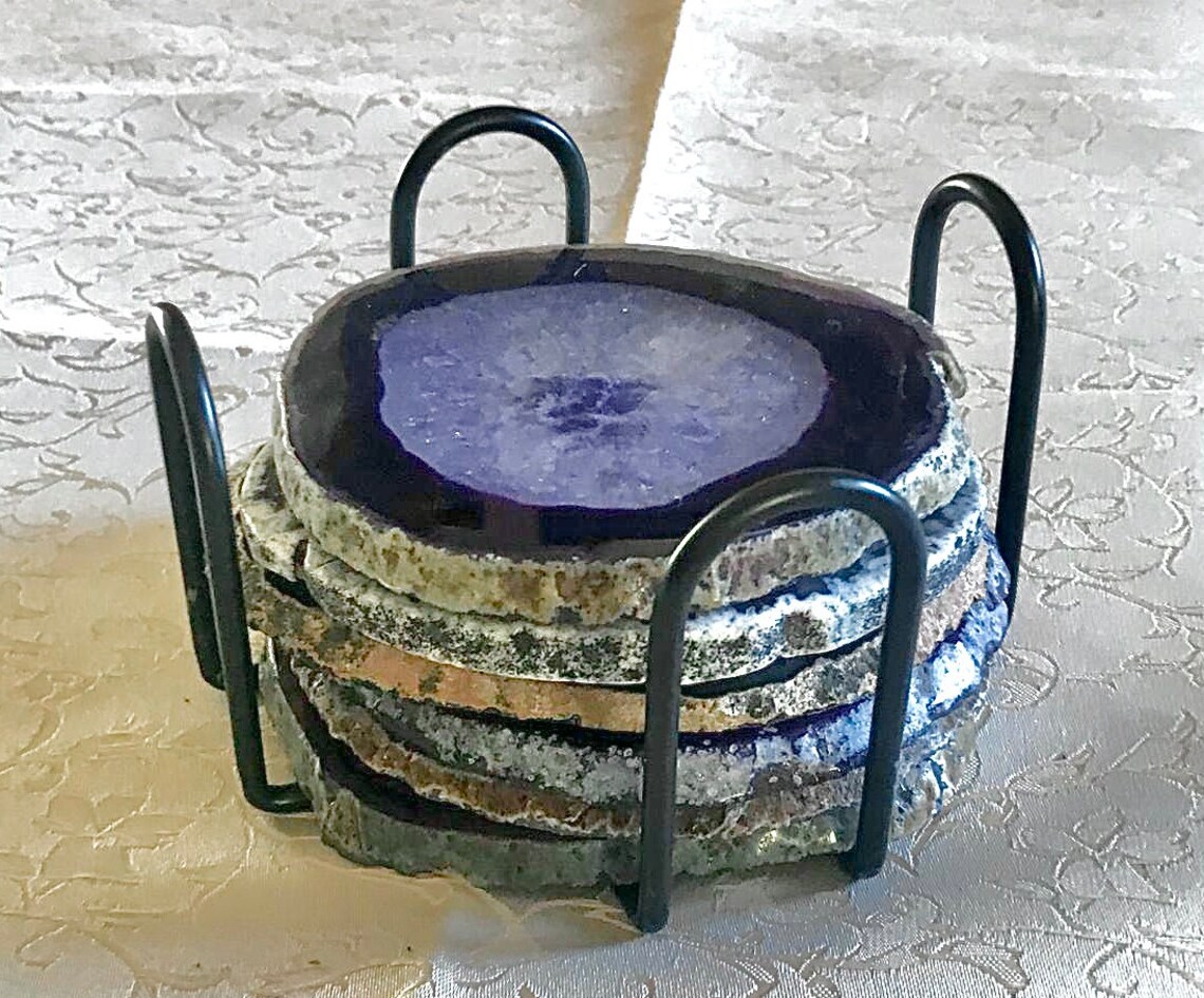 Vintage Collectable 6 Pieces Set of Amethyst and Teal Agate Coasters ...