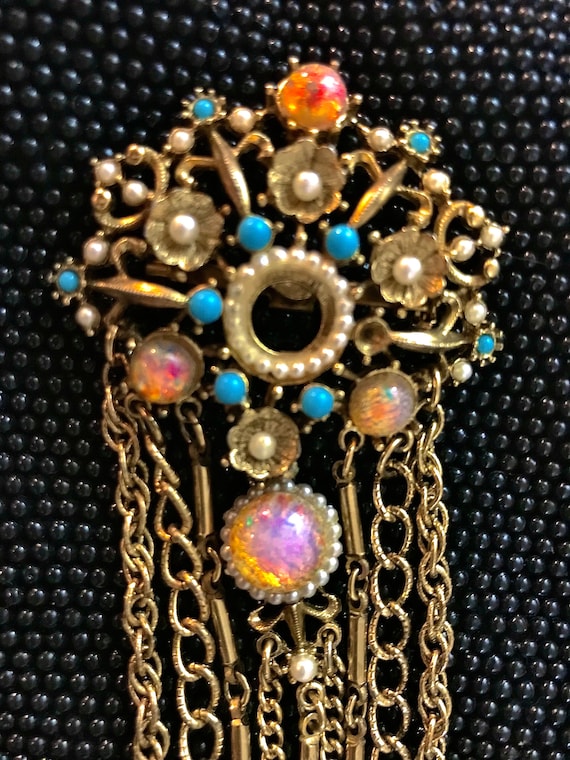 Large Vintage 1950’s golden Brooch pin / pearls  … - image 1