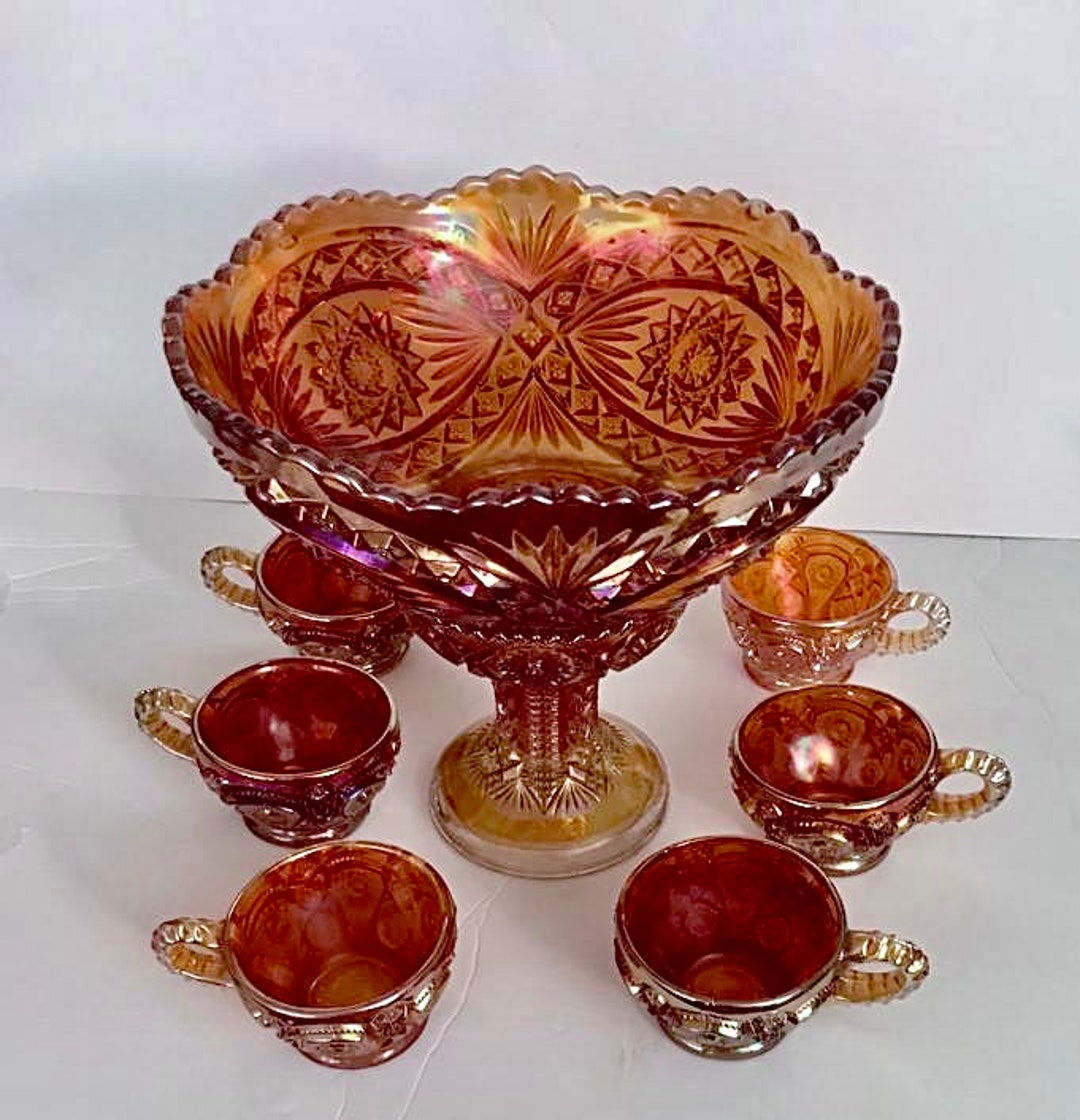 Marigold Fenton Imperial Glass Punch Bowl on a Stand With Six Glasses