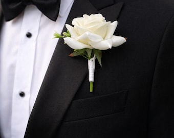 Quality handmade - Real Touch Rose Grooms Buttonhole, Wedding Corsage, single Ivory rose