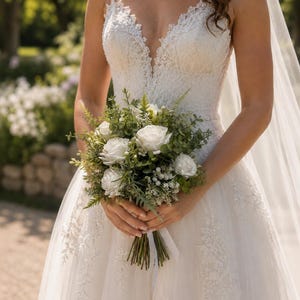 Flores de novia rosas, eucalipto y gypsophila, flores artificiales para boda.