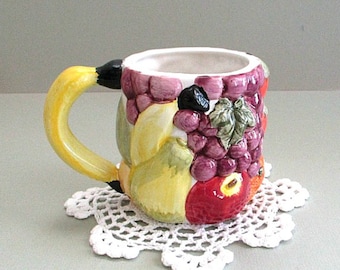 3D 12 Oz Fruit Mug Cups ~ Set of 2 ~ Hand Painted Ceramic Coffee/Teacups with Embossed Fruit Motif