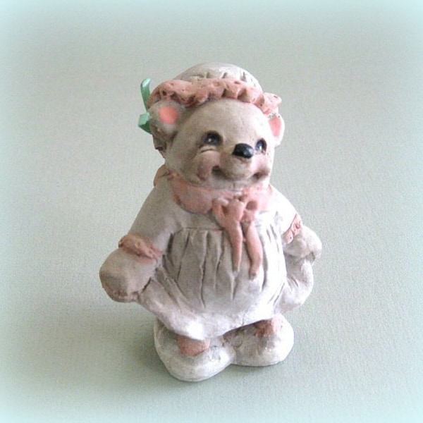 Baby Bear Figurine . Miniature Girl Bear Sculpture . Stone Bear Statue . Dressed Bear Figure . Cake Topper . Baby Girl Nursery . Baby Gift