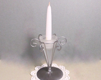 Victorian V-Shape Frosted Glass Cylinder Bud Vase Candle Holder with: Silver-Tone Metal  Scroll Stand