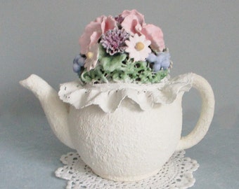 Decorative Pink Pansy Teapot Clay Floral Arrangement ~ Elegant Handmade, Hand Painted, One of a Kind, Shabby Chic Sculpture