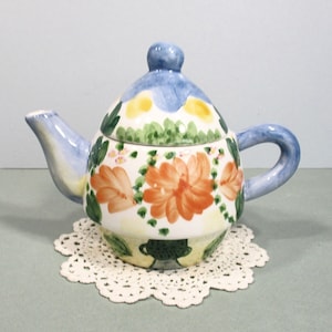 Bella Cassa by Ganz Ceramic Floral Teapot . Hand Painted Orange Blue Yellow Green. Tea for One . Vintage Tea Pot Collector or Tea Lover Gift