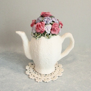 Hand-Painted Miniature White Tea Pot Pink Rose Flower Arrangemen. Unique Clay Sculpture