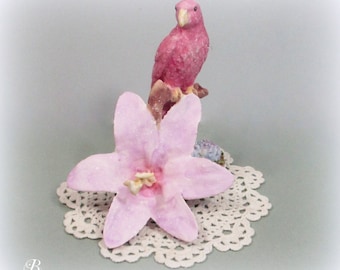 Tropical Parrot on Floral Branch Figurine ~ Handmade Hand-Painted Clay Sculpture