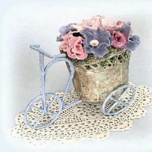 Miniature Bicycle Faux Floral Arrangement Figurine Tricycle Flower Cart Wicker Basket Clay Flower Sculpture