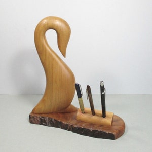 Vintage Carved Wood Swan Pen Holder: Mid Century Modern. Home Office Desk Organizer