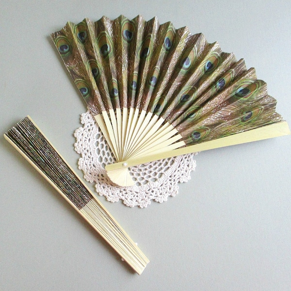 Peacock Paper and Wood Folding Hand Fan Favors 4 . Tropical Peacock Bird Feather Design . Hawaiian Luau Party Decor . Garden Party Gifts